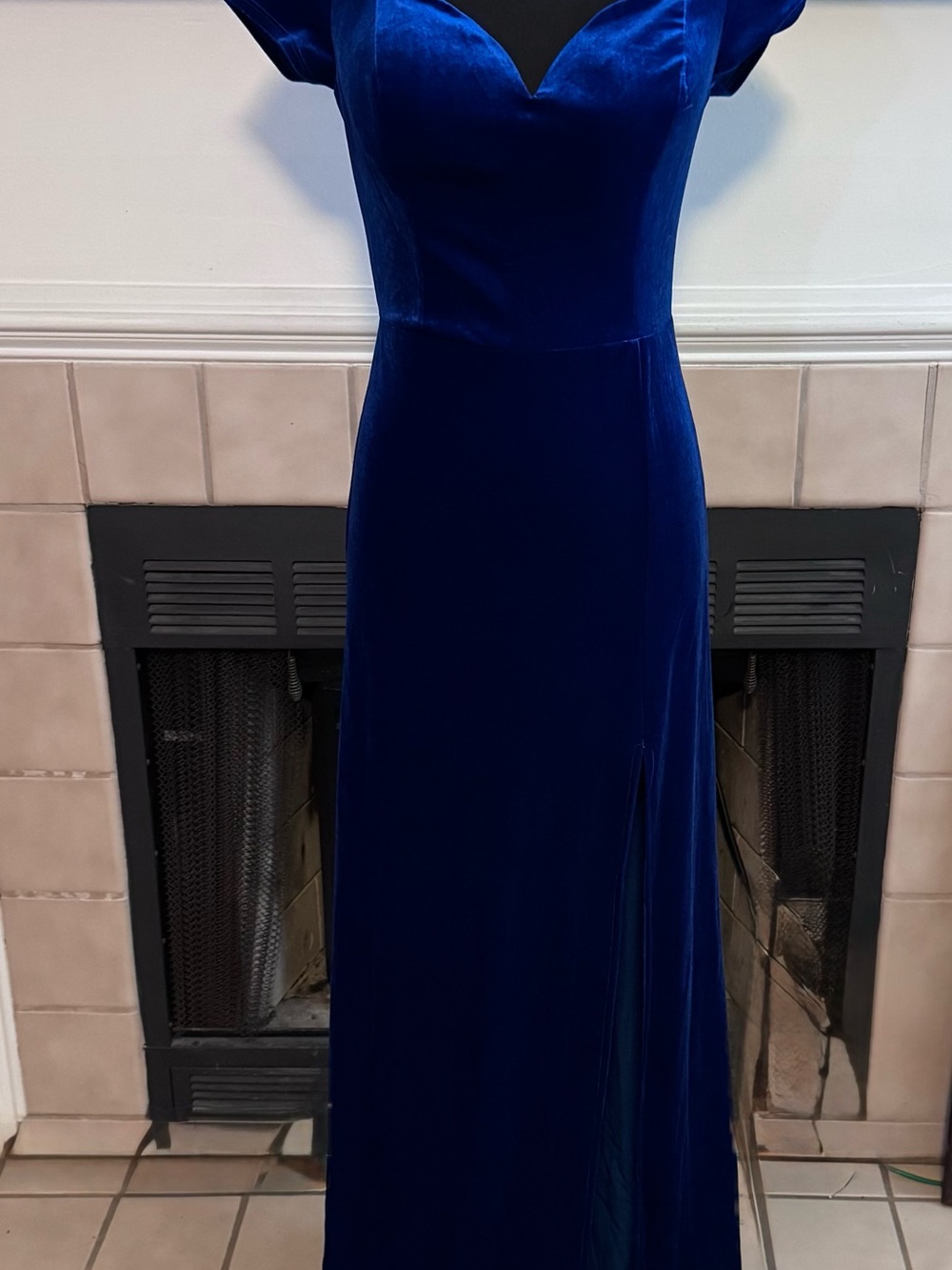 B Darlin Electric Blue Velvet Dress with Soft Shoulder Sleeves